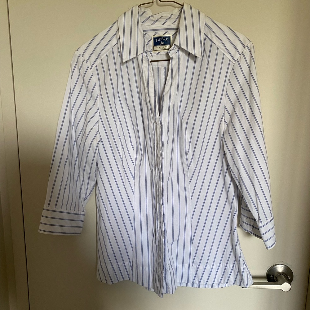 Ladies white blouse with purple pin stripe